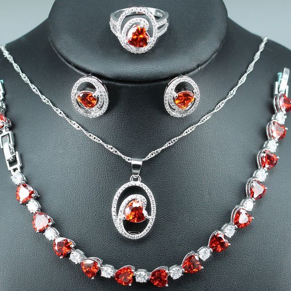 

bridal jewelry sets for women wedding silver color 925 heart-shaped redcrystal earrings/pendants/necklace/ring/bracelet, Slivery;golden