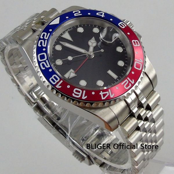 

40mm no logo men's watch sapphire glass luminous date magnifier black sterile dial gmt automatic movement wrist watch men 1182, Slivery;brown