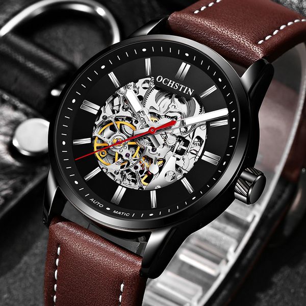 

ochstin automatic mechanical men watch real leather mens watches army sport skeleton male clock 62001, Slivery;brown