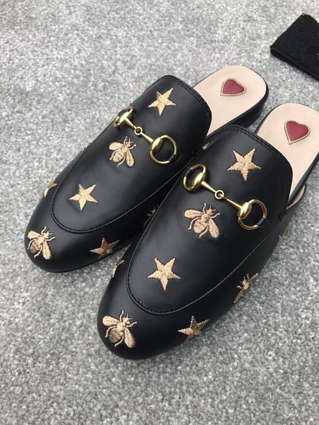 

2018 quality women princetown stamp leather print slipper shoes,leather sole,horsebit detail,size 35-40,trend, Black