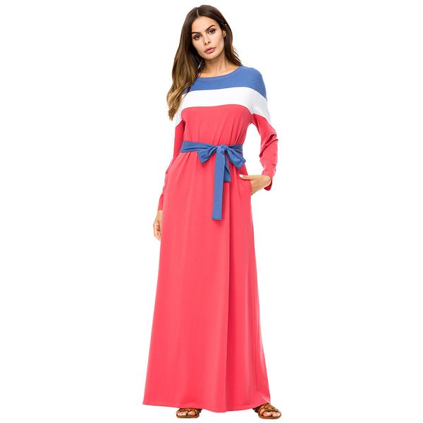 

187249 middle east lax women's dress knitted color contrast long dresses arabia robes eid al adha corban fashion musulman hijab gown mu, Red