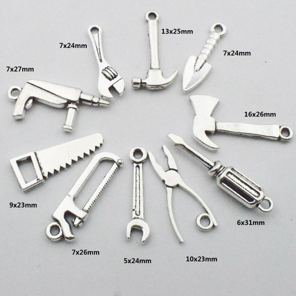 

tool charm collection 50pcs tibetan silver tone hammer wrench saw pliers tape screwdriver construction drill pendants diy craft, Bronze;silver