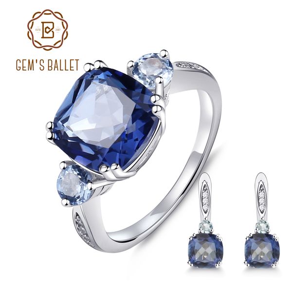 

gem's ballet 9.62ct natural ioliteblue mystic quartz sky blue z jewelry set 925 sterling silver earrings ring set for women, Black