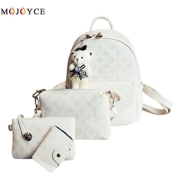

4pcs pu leather bear bow backpacwomen composite bags female clutch hand bag crossbody bag set bag