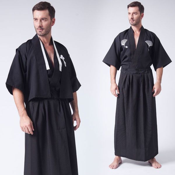

3 pc/set japanese kimonos traditional clothing samurai cosplay costume men vintage long kimono summer style cotton yukata 042503, Red