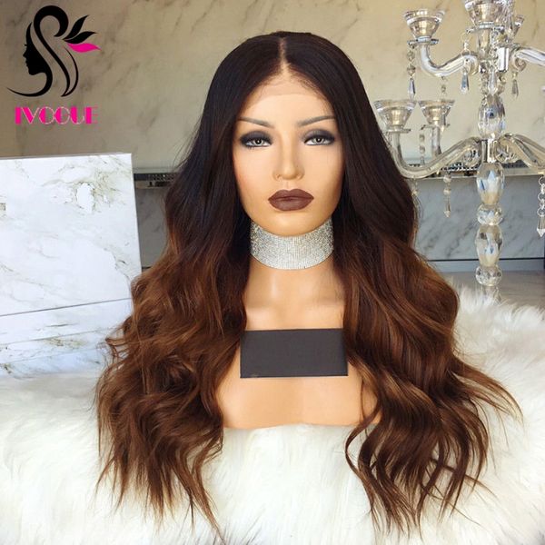 Long Dark Brown Ombre Lace Front Wig Wavy Virgin Brazilian Natural