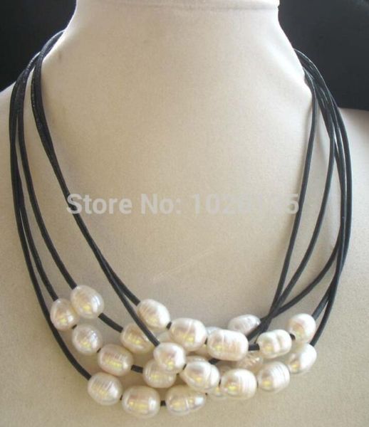 

5strands freshwater pearl white egg and black line necklace nature 18" fpp, Silver