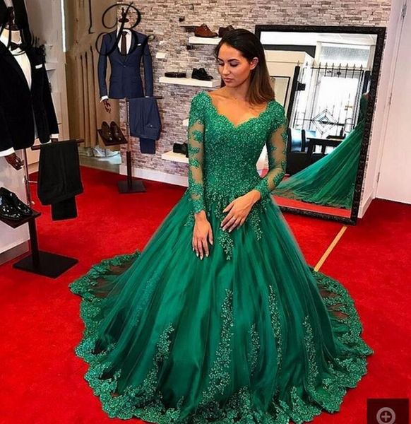 

2017 arabic modest green ball gown evening dresses v-neck sheer long sleeves robe de soiree formal prom dress vestido de fiesta, Black