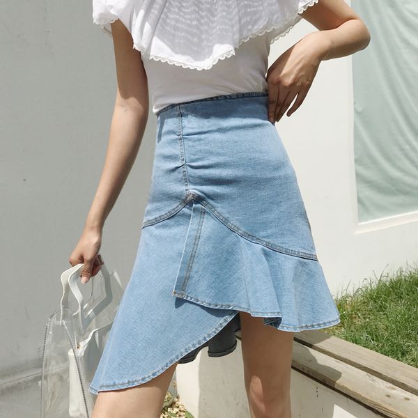 

bgteever women casual irregular ruffles denim skirts high waisted trumpet knee-length summer skirts bottoms 2018, Black