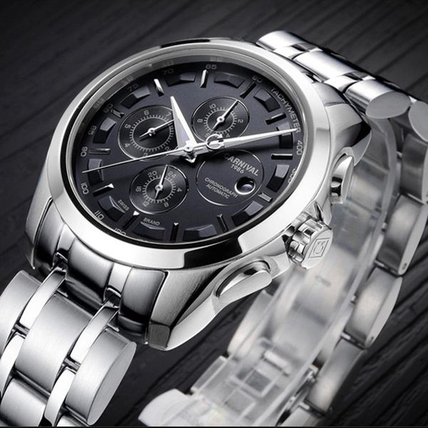 

carnival fashion watch men silver stainless steel sapphire glass automatic mechanical date waterproof watch, Slivery;brown