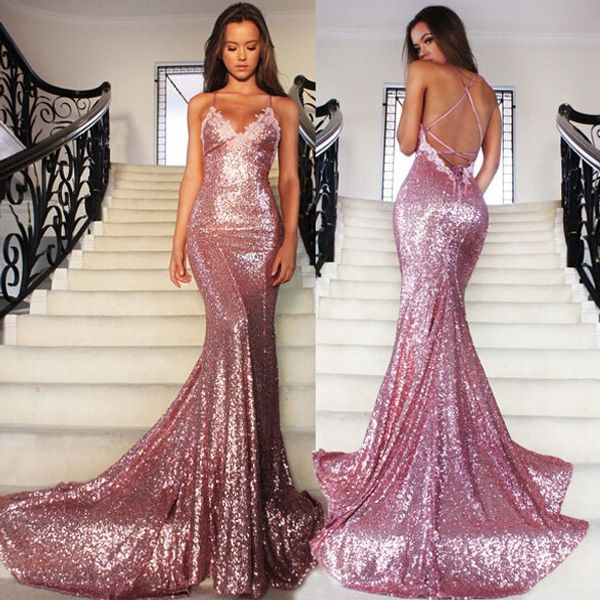 

Prom Dresses Long Spaghetti Straps Rose Pink Sequined Dresses Evening Party Dresses Sexy Backless Sweep Train Mermaid Formal Gowns