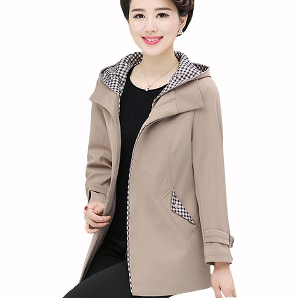 

5xl new autumn wintertrench coat mid-aged women causal long sleeve medium long jacket female hooded coat casaco feminino zs453, Tan;black