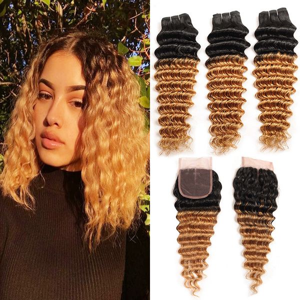 2019 Dark Roots Honey Blonde Deep Wave Bundles With 4 4 Lace