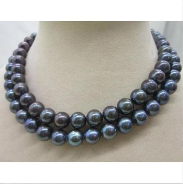 

изысканный 2 строки 11-12 мм таитянский черный натуральный жемчуг ожерелье 17-18 дюймов, Silver