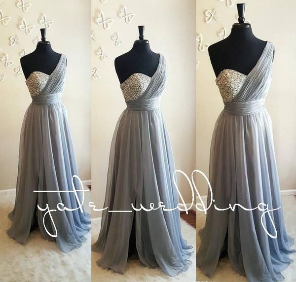 

silver gray one shoulder bridesmaid dresses crystal beaded pleated chiffon floor length flowy purple wedding guest dresses maid of honor, White;pink