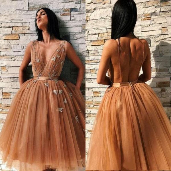 

short prom dresses deep v neck 3d appliques tulle backless homecoming dress knee length cocktail party dress vestidos cheap, Black