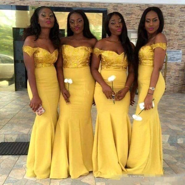 

Charming Yellow 2018 Long Bridesmaid Dresses Cap Sleeves Off the Shoulder Mermaid Wedding Party Wear Floor Length Modest Formal Prom Gowns