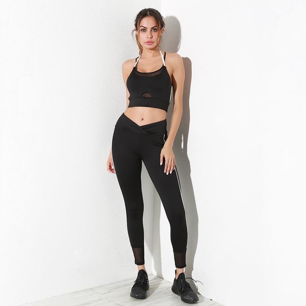 

2018 mesh patchwork yoga bodysuit criss strappy crop v shape waist slim training leggings set, White;black