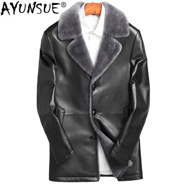 

ayunsue genuine sheepskin leather jacket men real wool fur liner coat winter mens plus size jackets chaqueta cuero hombre zl872, Black