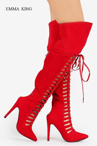 

botas mujer 2018 hollow out pointy toe thigh high woman boots cross-tied over knee boots thin high heels red shoes women, Black