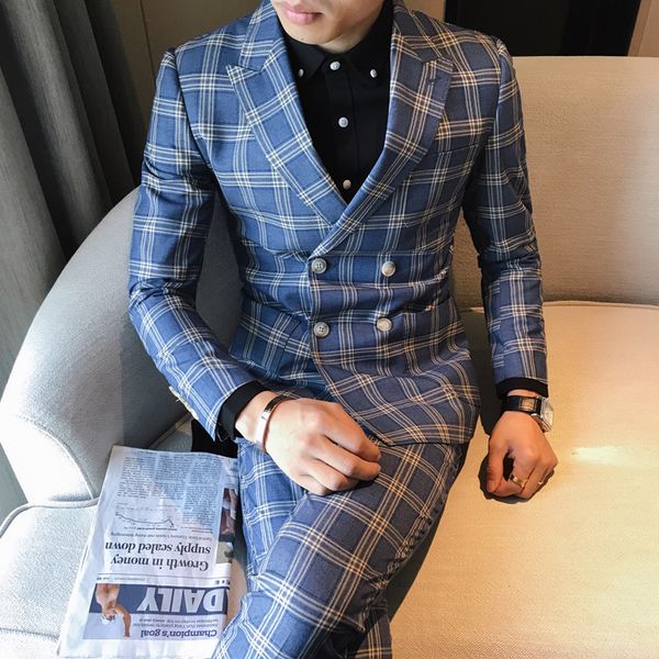 

3 piece tsuit men's plaid suit jacket 3xl 4xl khaki gray blue groom wedding dress suit men's self-cultivation, White;black