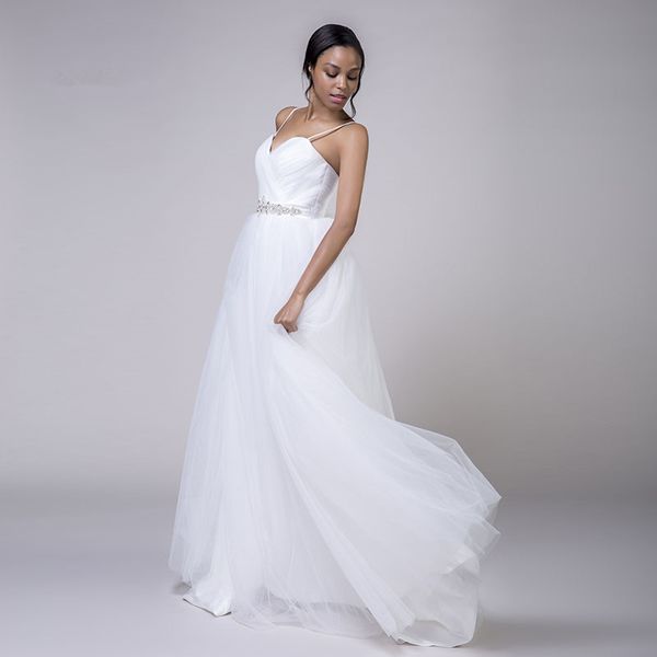 

beadings waist sash white ivory wedding dresses new spaghetti straps pleated tulle a line sweep train bridal gowns custom size