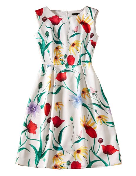 Цветок печати женщин платье оболочки шею рукавов повседневные платья 09K883