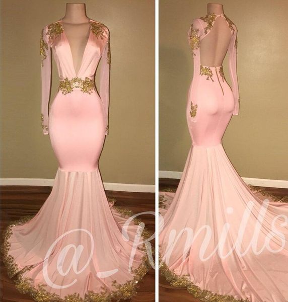 

2018 new open back pink prom dresses mermaid deep v neck long sleeves gold appliques sweep train formal evening gowns, Black