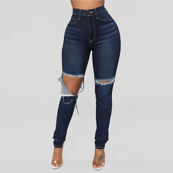 

european 2018 autumn fashion slim big hole pants women casual high waist tight jeans women pantalon femme skinny jeans woman, Blue