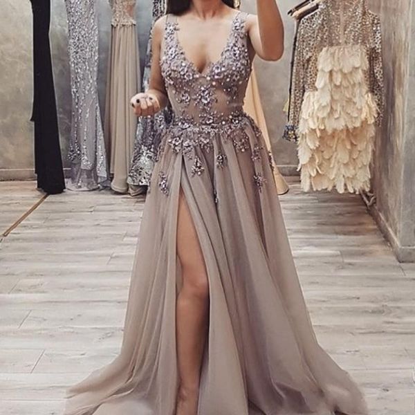 

deep v neck prom dresses with beads lace appliques a line side split formal dresses evening wear tulle cocktail dress vestidos, Black