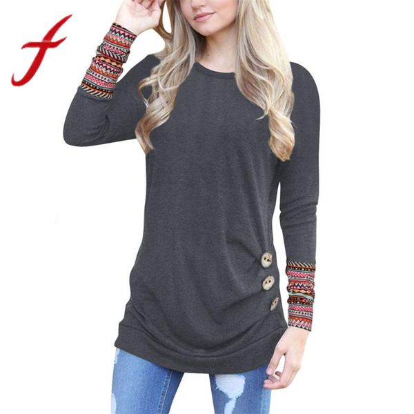 

feitong women t shirts causal long sleeve loose button trim patchwork round neck tunic t-shirt tee shirt femme camisetas mujer, White