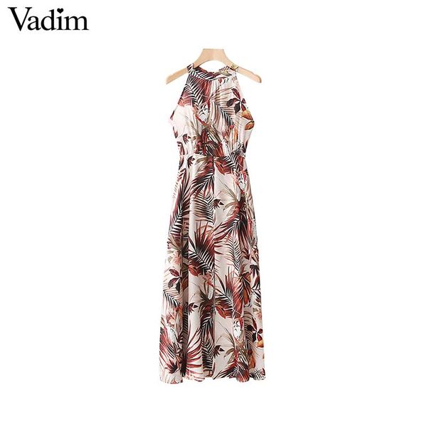 

vadim women halter floral maxi dress back bow tie sleeveless backless split female party wear chic dresses vestidos qa336, Black;gray