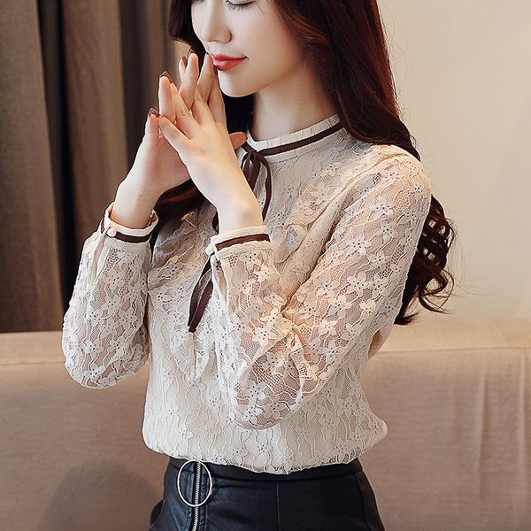 

2018 new autumn women blouse korean style bow tie unlined lace shirt women work wear lotus leaf lace chiffon blusa 1132 40, White