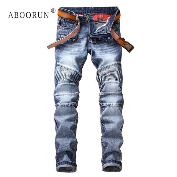 

aboorun biker jeans men's skinny pleated motorcycle jeans hi street men's brand long jean joggers z1218, Blue
