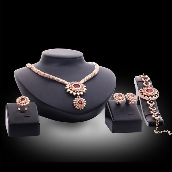 

luxury women party jewelry 4-piece set fashion elegant rhinestone 18k gold plated alloy flowers bridal wedding jewelry, Slivery;golden