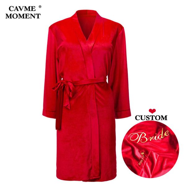 

cavme custom velour bathrobes solid color autumn winter robes bride bridesmaid robe kimono long-sleeve night dressing gown, Black;red