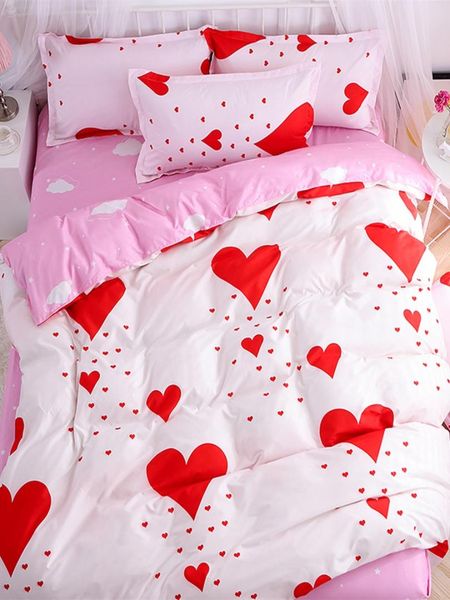 

4 pcs duvet cover set sweet romantic red hearts pattern comfy cozy bedding set