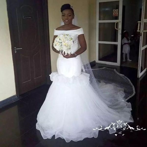 

african mermaid wedding dresses off the shoulder ruffles layered tulle beach bridal dress count train dubai wedding gowns, White