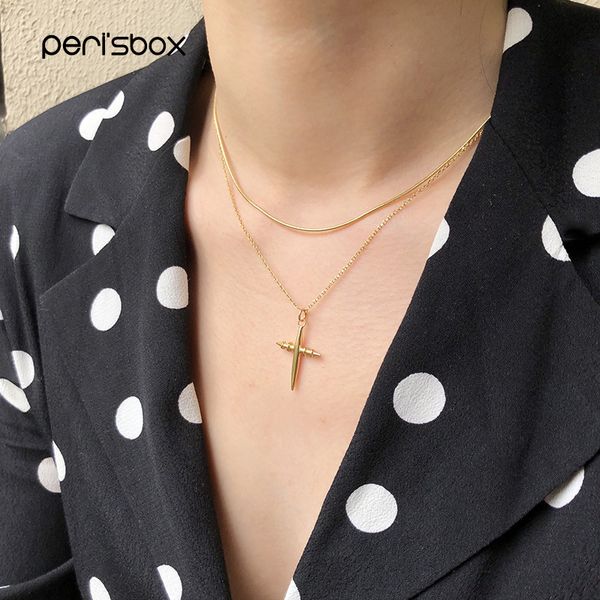 

peri'sbox simple gold silver color cross layered choker necklace for women dainty chain charms necklaces chokers pendant jewelry, Golden;silver