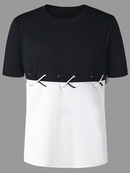 

2018 summer new fashion color block lace up t-shirt crew neck short sleeve tee men's t shirt casual tee shirt men clothing m-2xl, White;black