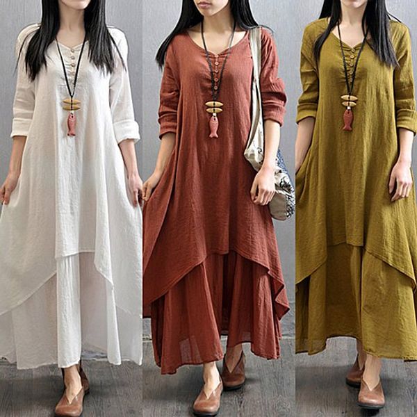 

women peasant ethnic boho cotton linen long sleeve maxi dress gypsy blouse false two pieces v neck button boho long maxi dresses, Black;gray