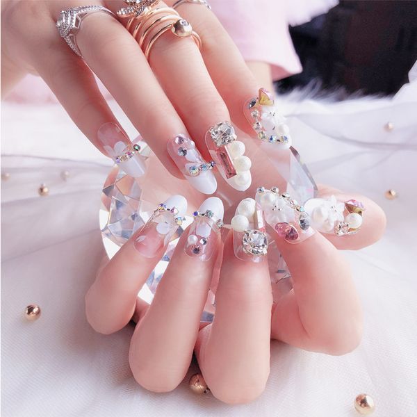 

24pcs/set pretty pink rhinestone bride nail art tips pre-design round head french false nails faux ongles with glue sticker, Red;gold