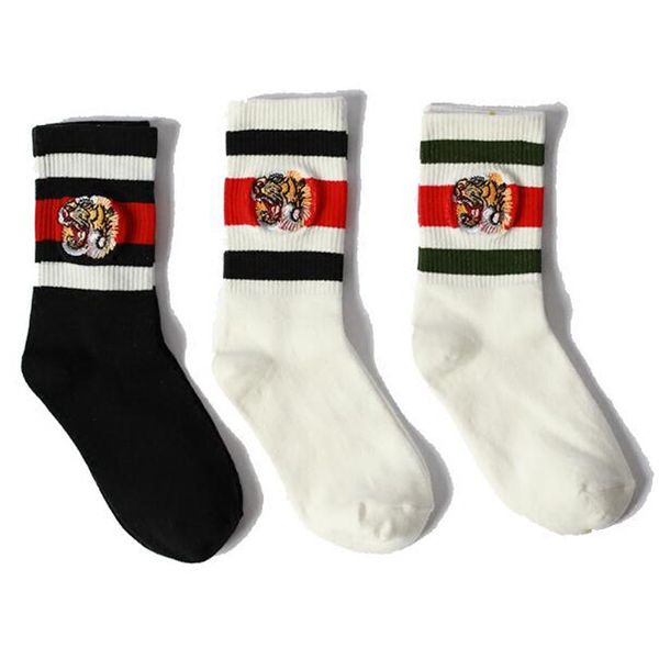 

tiger embroidery socks fashion brand breathable sports socks 3 striped casual socks for woman athletic stockings muti colors, Black