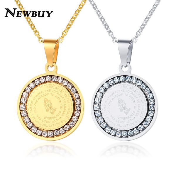 

newbuy double sides wear bible verse prayer necklace for women men stainless steel coin pendant christian praying hands jewelry, Silver