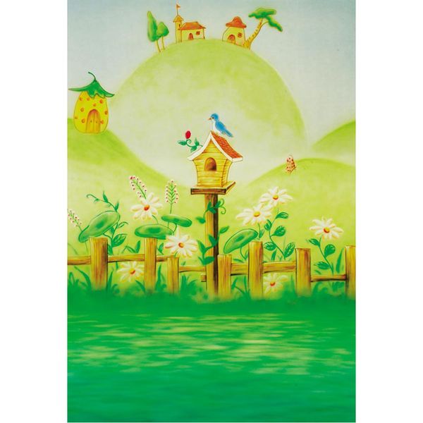 Legno Fence Primavera Giardino Foto Sfondo Uccello Nido Piante Fiori Pera Fungo Case Bambini Fairyland Fotografia Sfondi