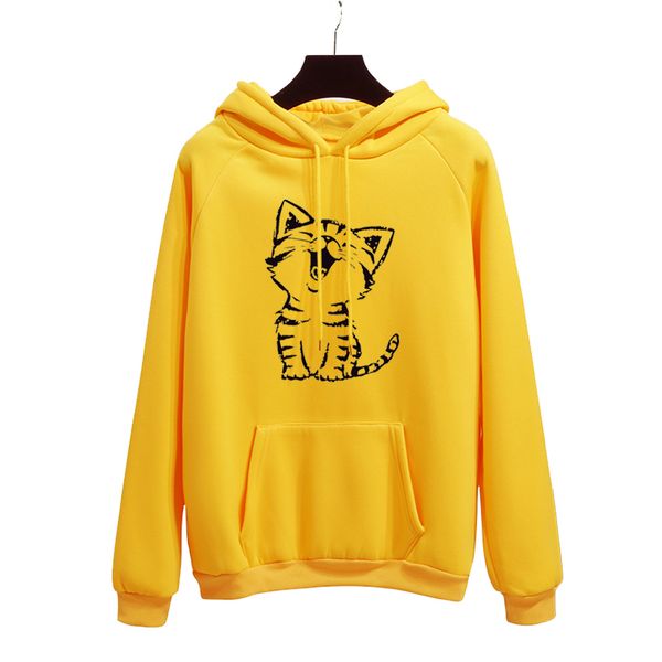 

happy cat harajuku print hoodies women autumn winter office lady pullover yellow thick loose moletom feminino clothes size 40-50, Black