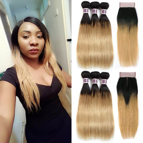 2019 Ombre Honey Blonde Straight Human Hair Bundles With Closure