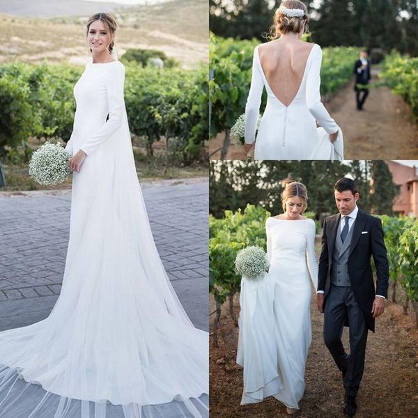 

2020 simple plain long sleeve wedding dresses bateau backless sweep train country garden chapel muslim bridal gowns vestido de novia ivory, White