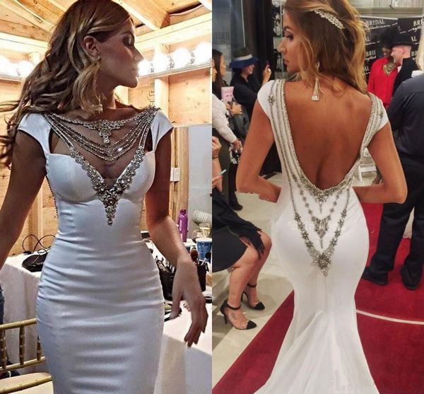 

Elegant Mermaid Prom Dresses Sweetheart Beaded Crystal Evening Gowns Satin V Back Arabic Formal Evening Dresses Celebrity Dresses For Women