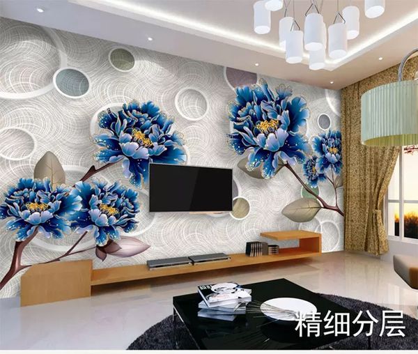 

пользовательские retai высокого класса атмосфера мода красивый европейский синий золотой пион 3d тв фон настенная живопись